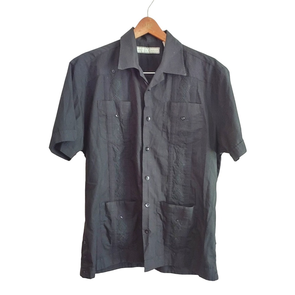 Monte Carlo Shirt Men Medium 38/40 Black Embroidery Guayabera Rockabilly Bowling
